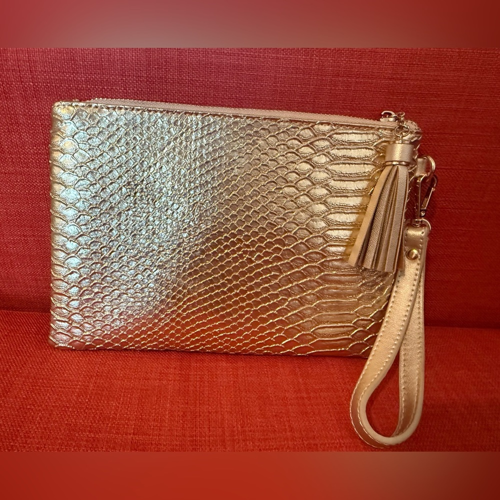NWT Gold Textured Clutch Bag with Tassel